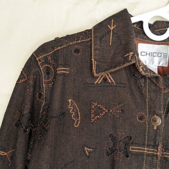 Chico’s Brown Denim Jean Jacket Anniversary Collection Silk Lined Women's Medium - Picture 2 of 13